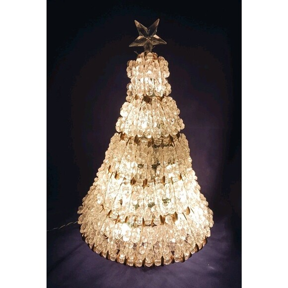 Vtg Hand Made Clear Crystal Beaded Safety Pin 11" Christmas Tree Lighted w/ Star - Picture 7 of 9